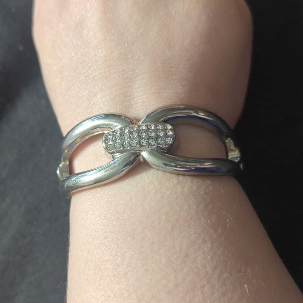 Silver Tone Clear Rhinestone Hinged Cuff Bangle Statement Bracelet